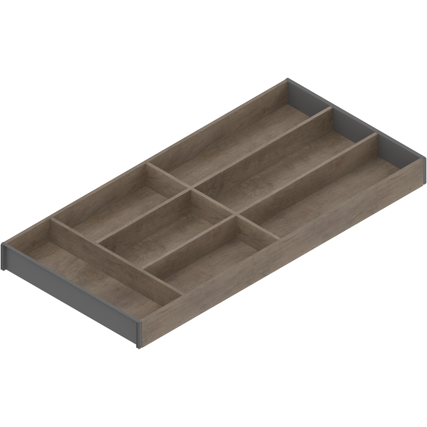 AMBIA-LINE  wkład na sztućce do szuflady standardowej, do LEGRABOX/MERIVOBOX, w opcji drewnopodobnej, 7 przegródka na sztućce, dł.=650 mm, szerokość=300 mm, Dąb Nebraska/szary